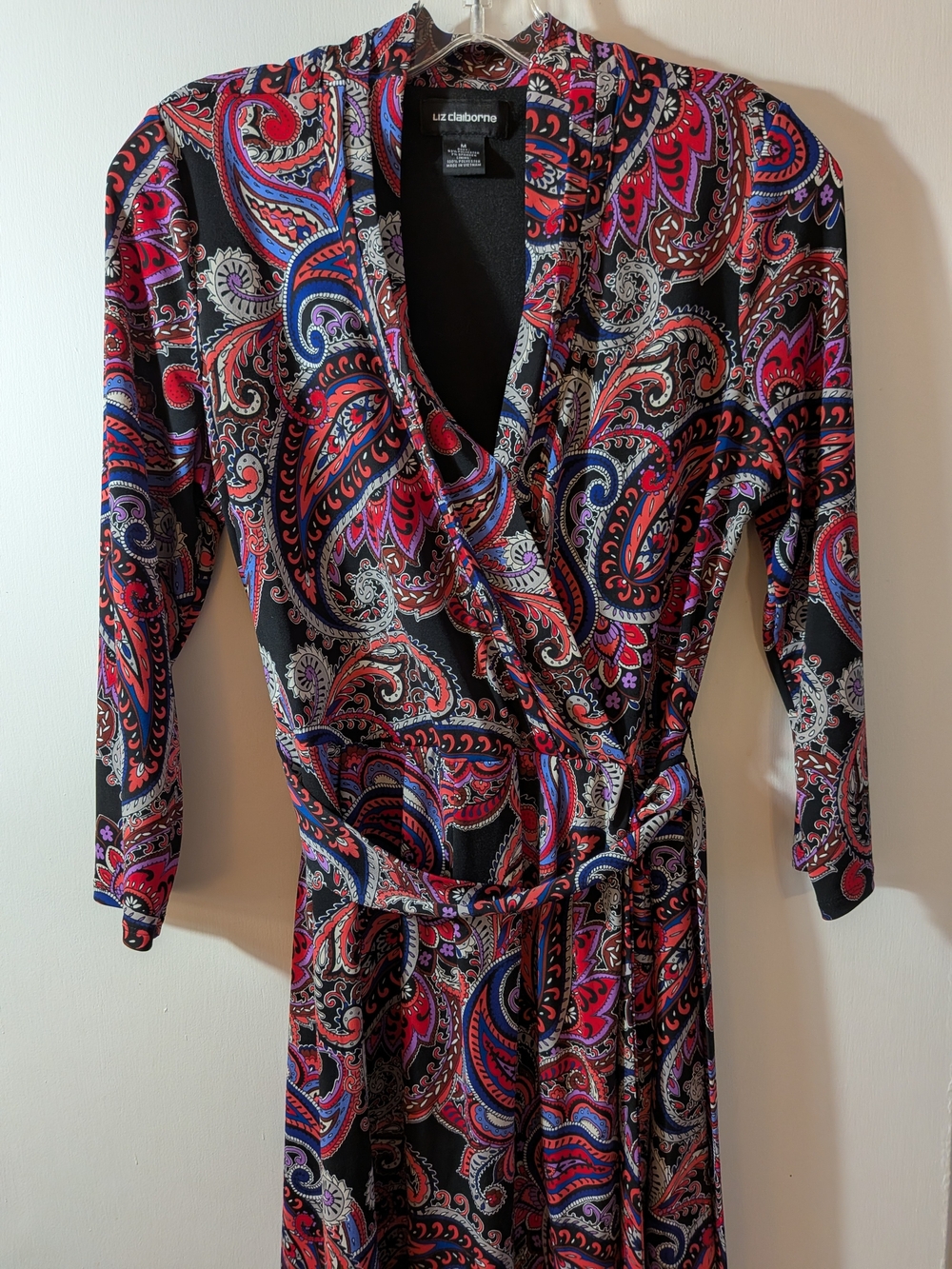 Liz Claiborne Black Paisley Wrap Dress with Pink, Red & Blue Accents